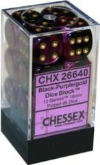 12ct D6 dice 16mm Black Purple w/gold Gemini CHX26640
